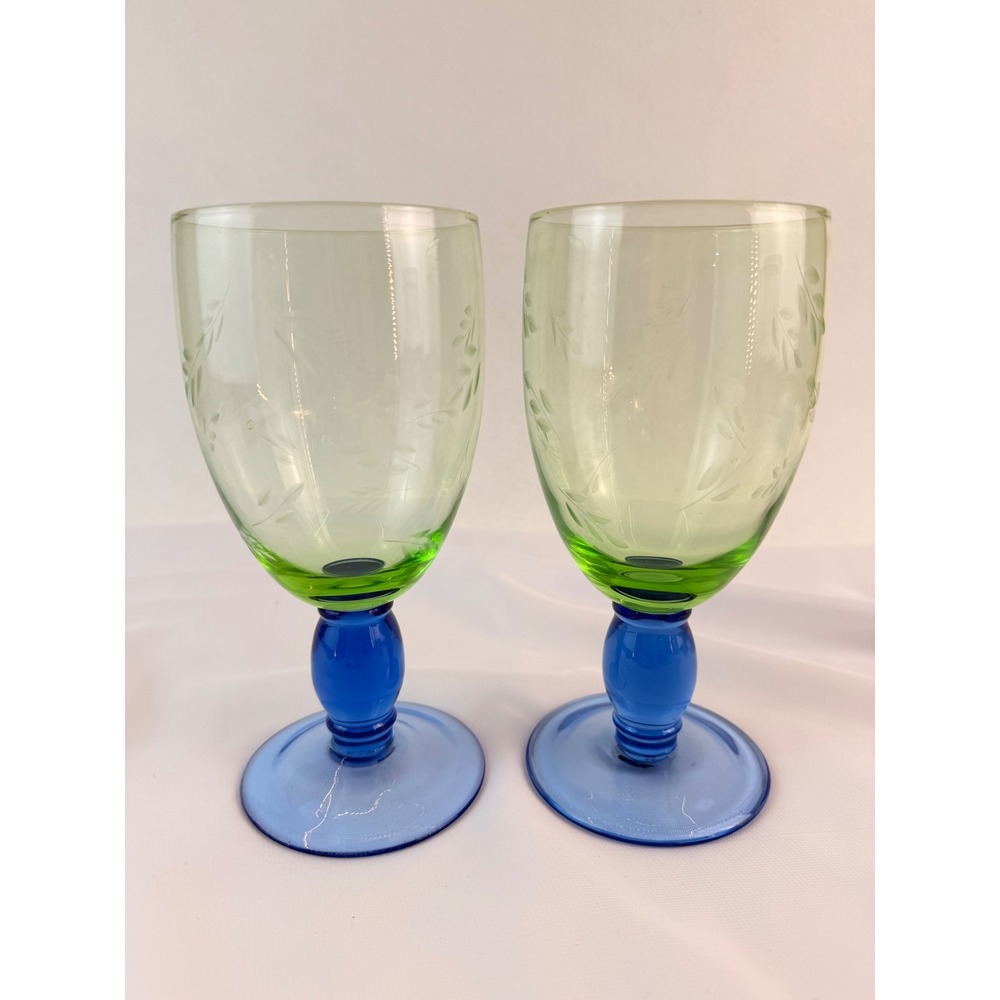 Vintage Etched Green Cobalt Blue Stem Glass Wine Goblets Set of 2 Laurel Leaf